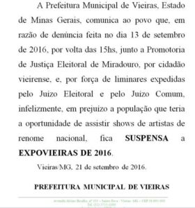 Comunicado da Prefeitura de Vieiras